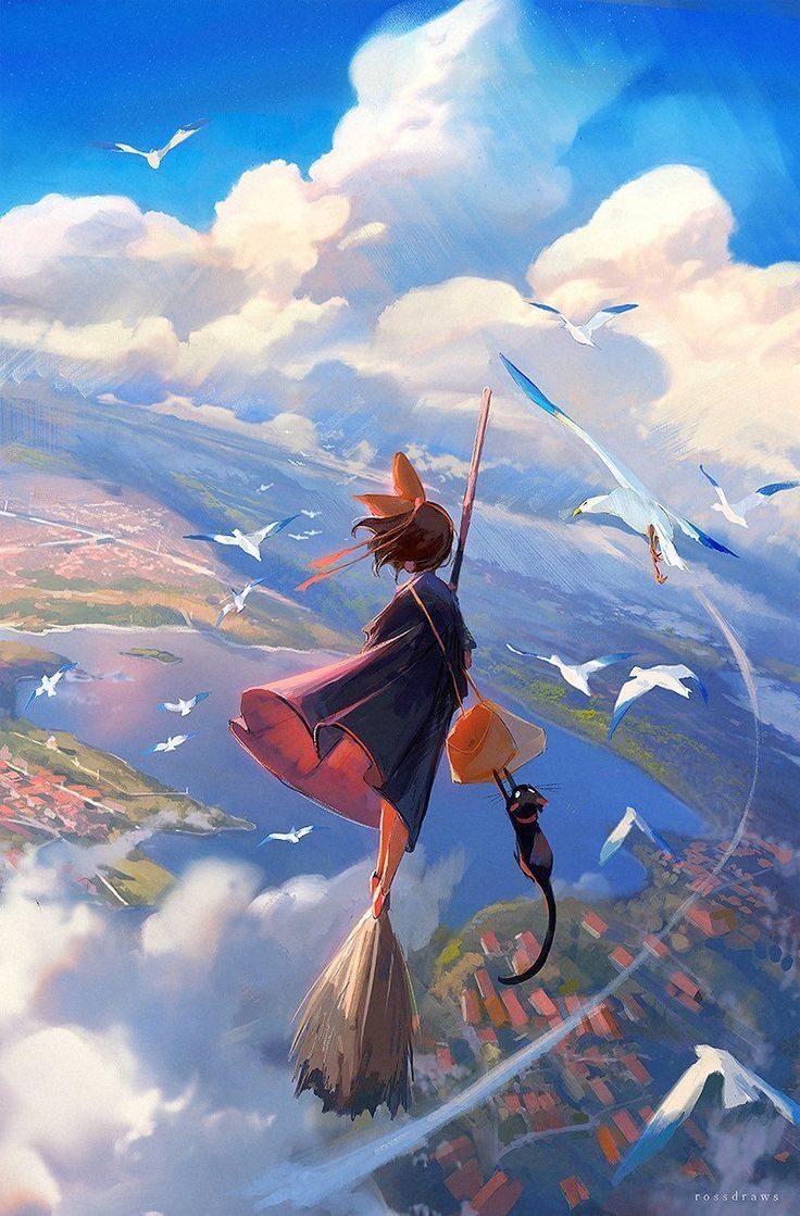 A young witch over rooftops